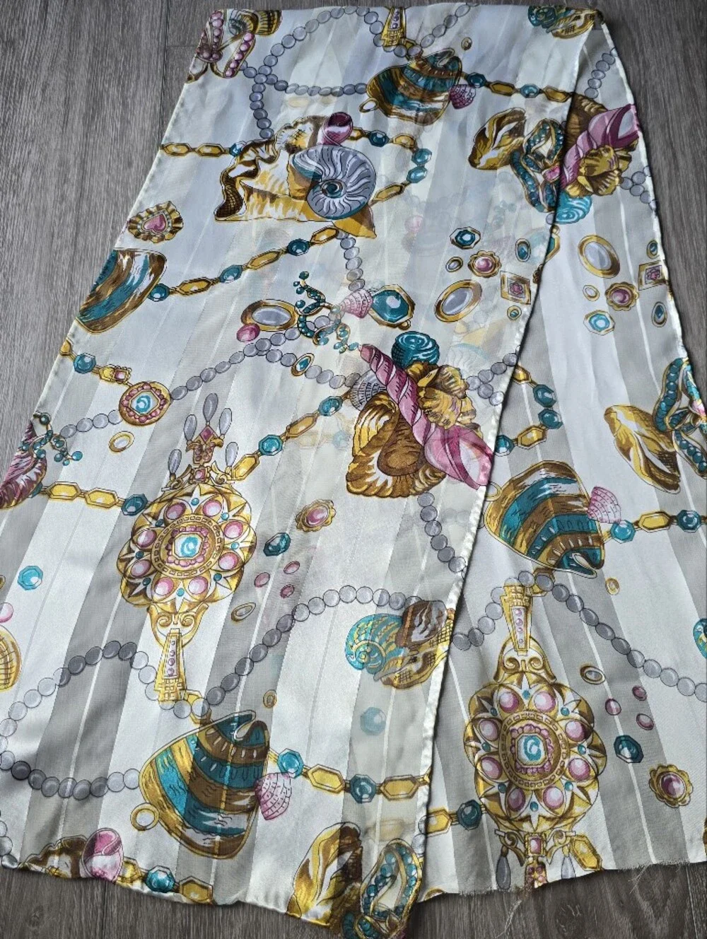 Satin Stripe Oblong Scarf Nautical Seashell Pearl Jewel Print Cream Gold Long